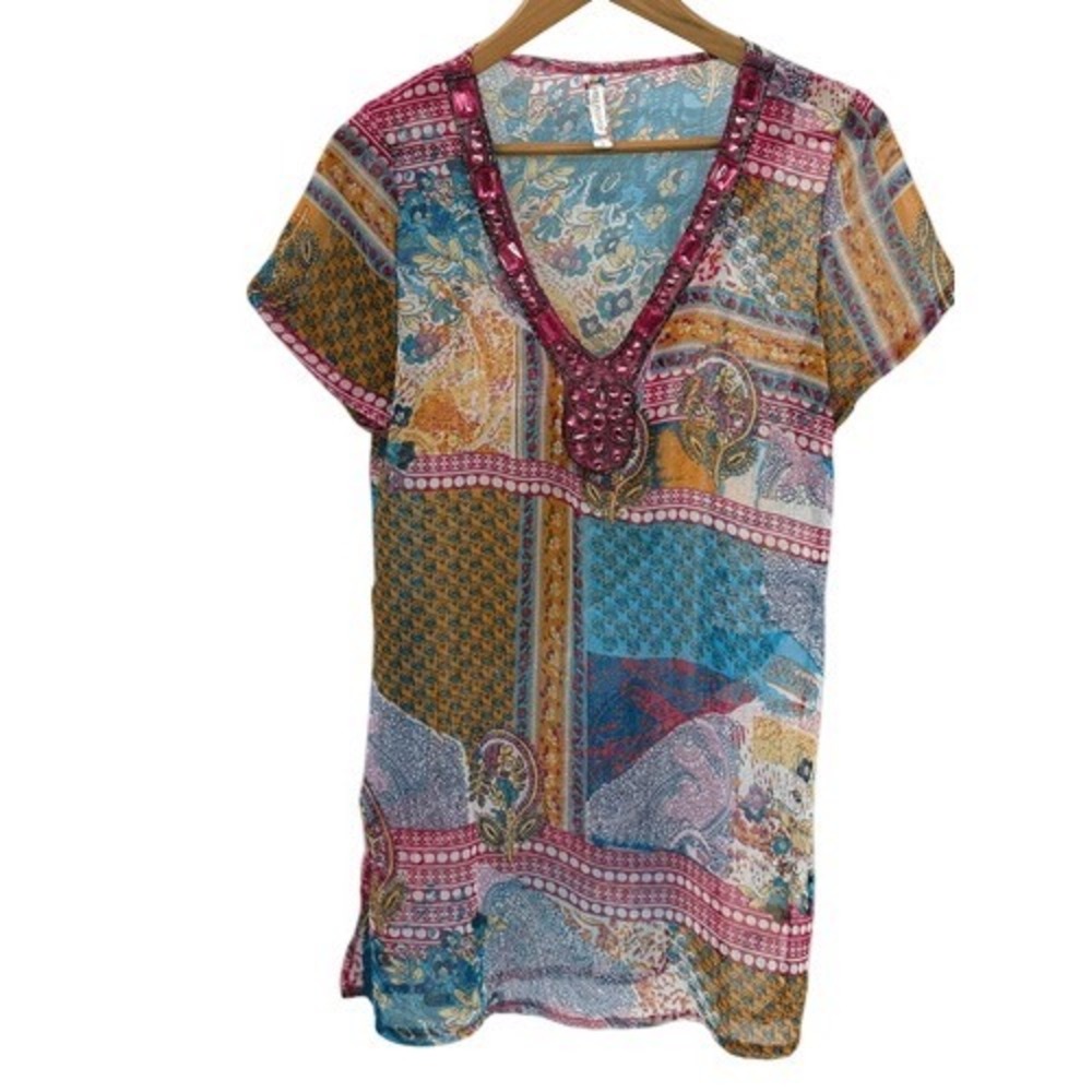 Free People Tunic Top Coverup Boho Women Medium Sheer Embellished Pink Blue